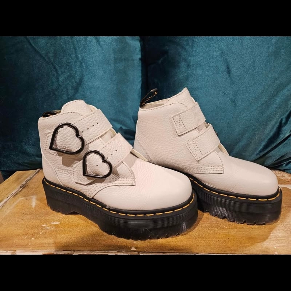 Dr. Martens Cream Ankle Boots with Heart Buckles